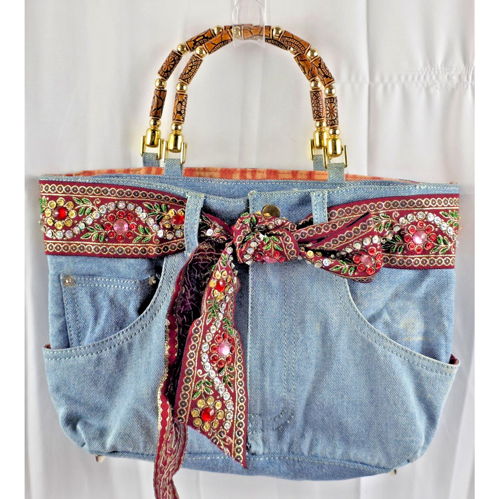 Blue Jean Shoulder Purse w/Bead Accents, Decorative Belt, Zip/Snap, By Braciano